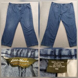 Eddie Bauer Mens Pleated Denim Pants 46 Blue 100% Cotton Elastic Waist EUC